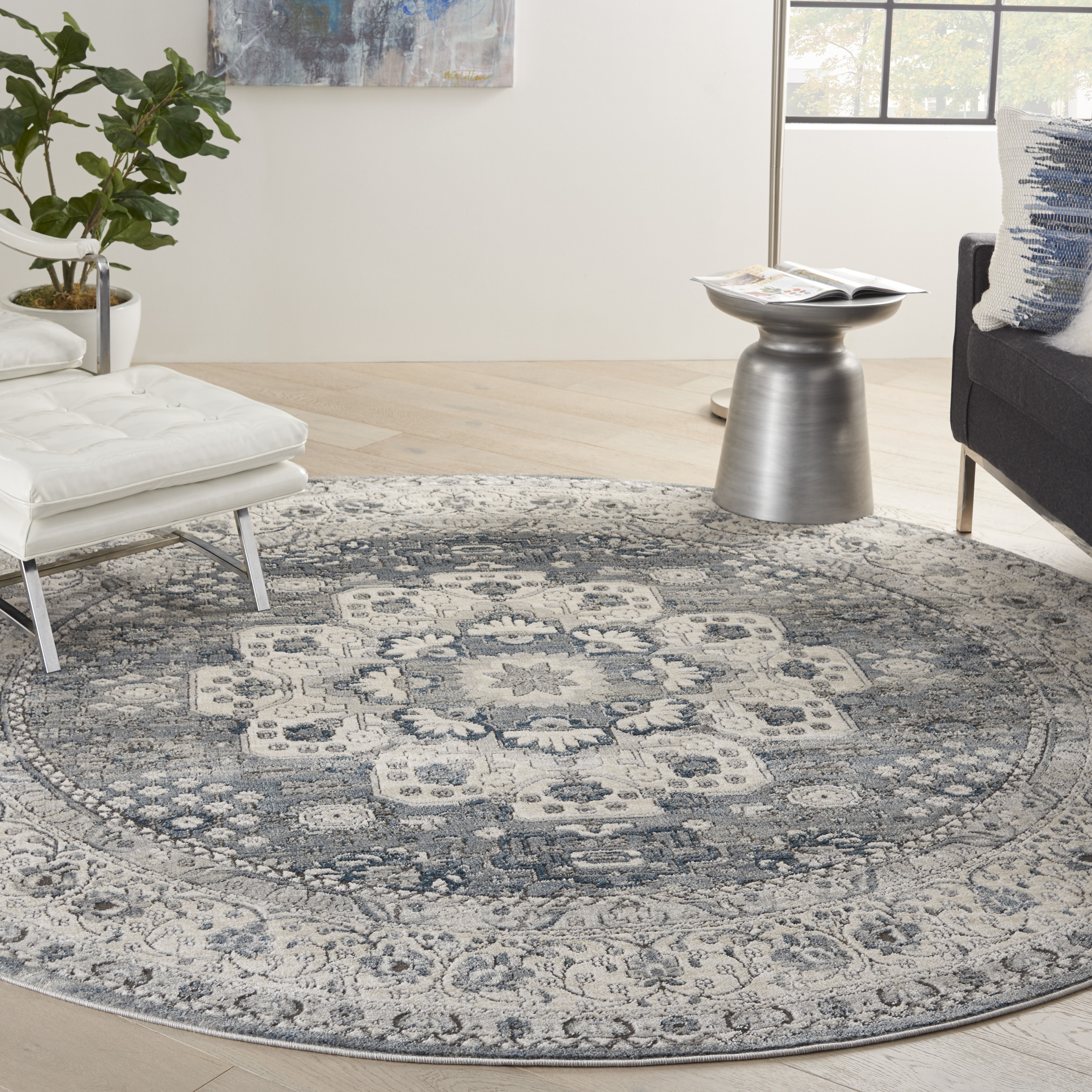 Nourison Quarry 7’10” x Round Grey Ivory Vintage Indoor Rug
