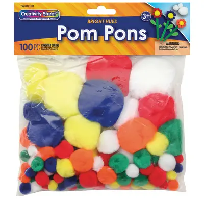 Creativity Street  Pom Pons, Bright Hues Primary Assortment, Assorted Sizes, 100 Pieces
