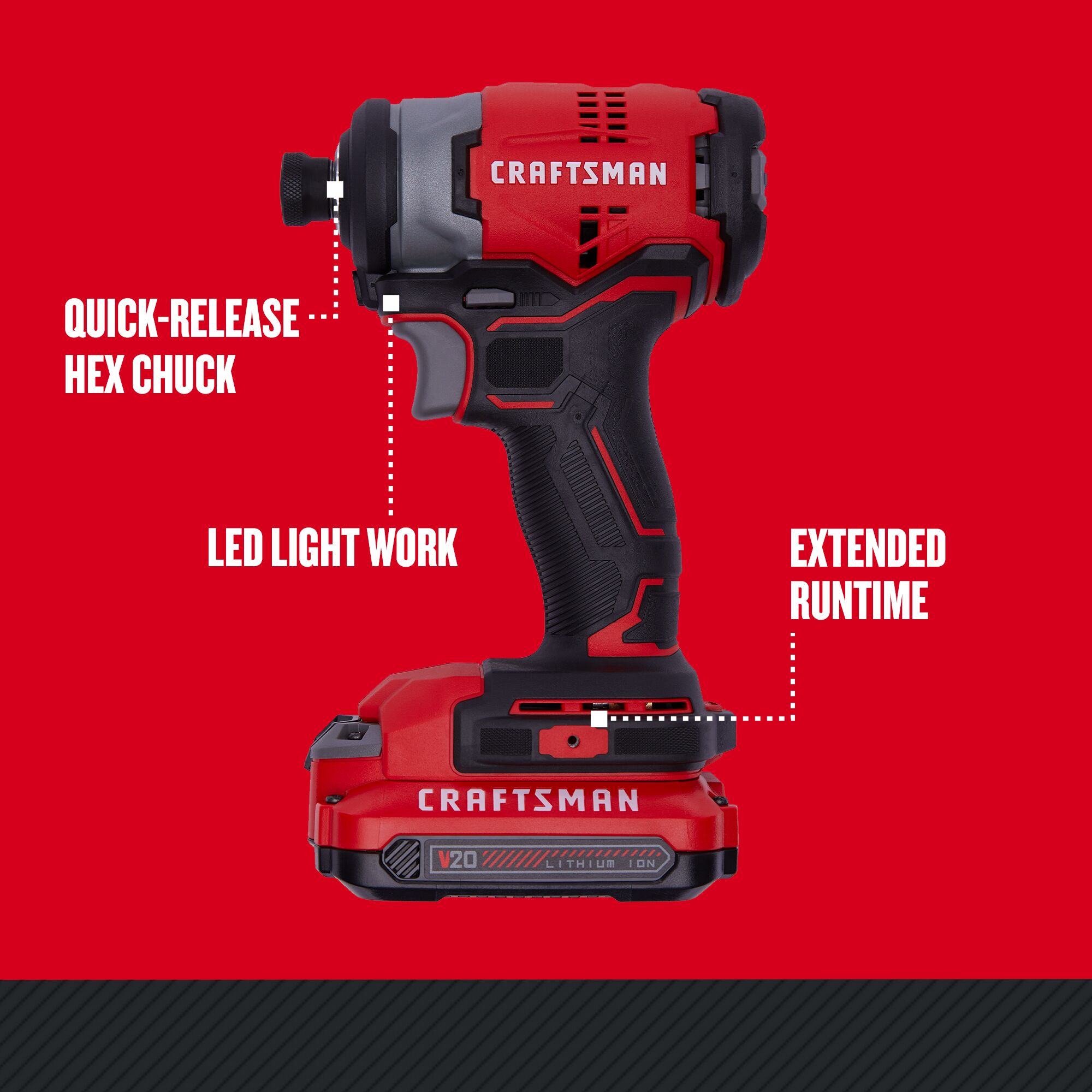 Side View of Craftsman 20V Max ¼ in. Brushless Cordless Impact Driver showing quick-release hex chuck, LED light work and extended runtime.