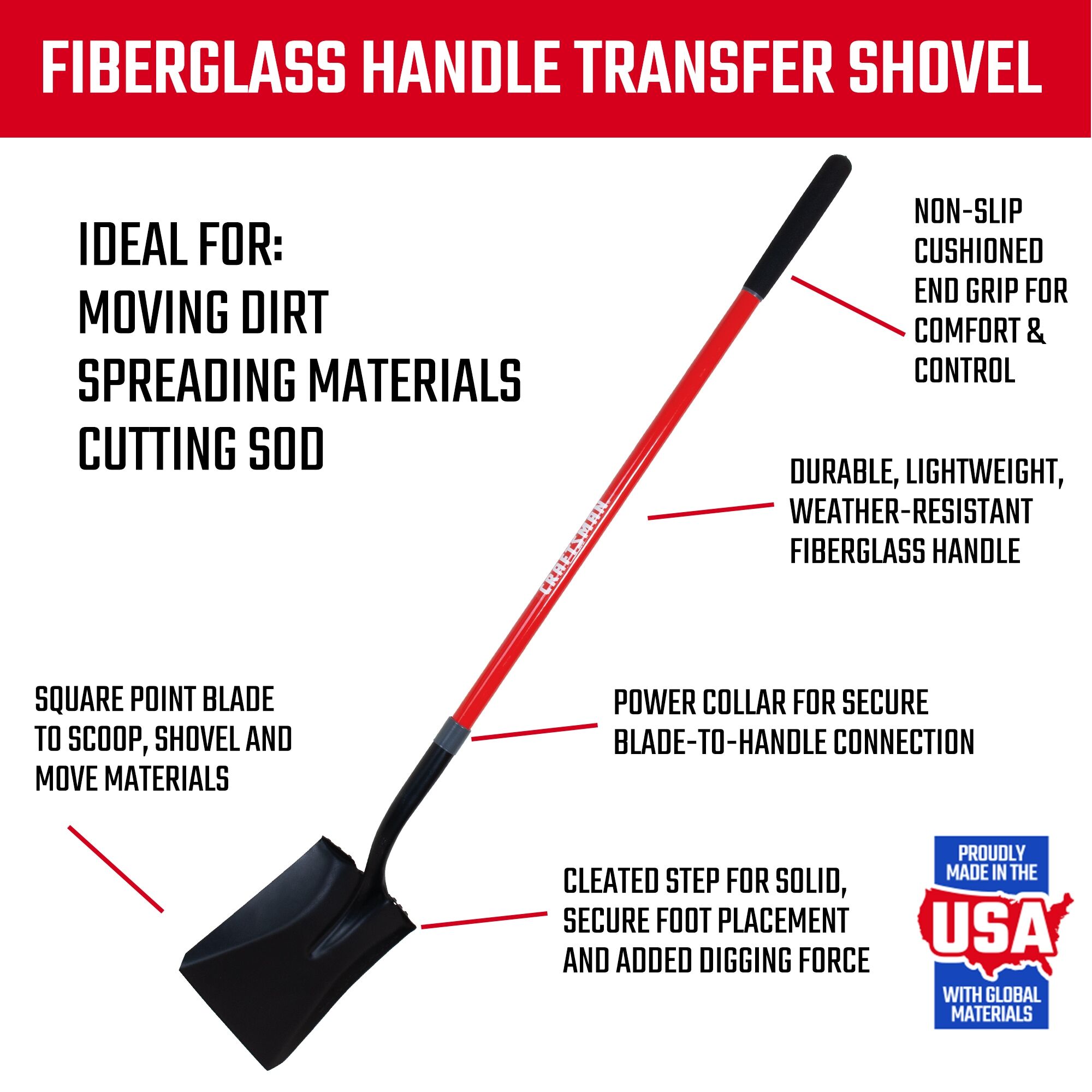 Graphic of CRAFTSMAN Shovels highlighting product features