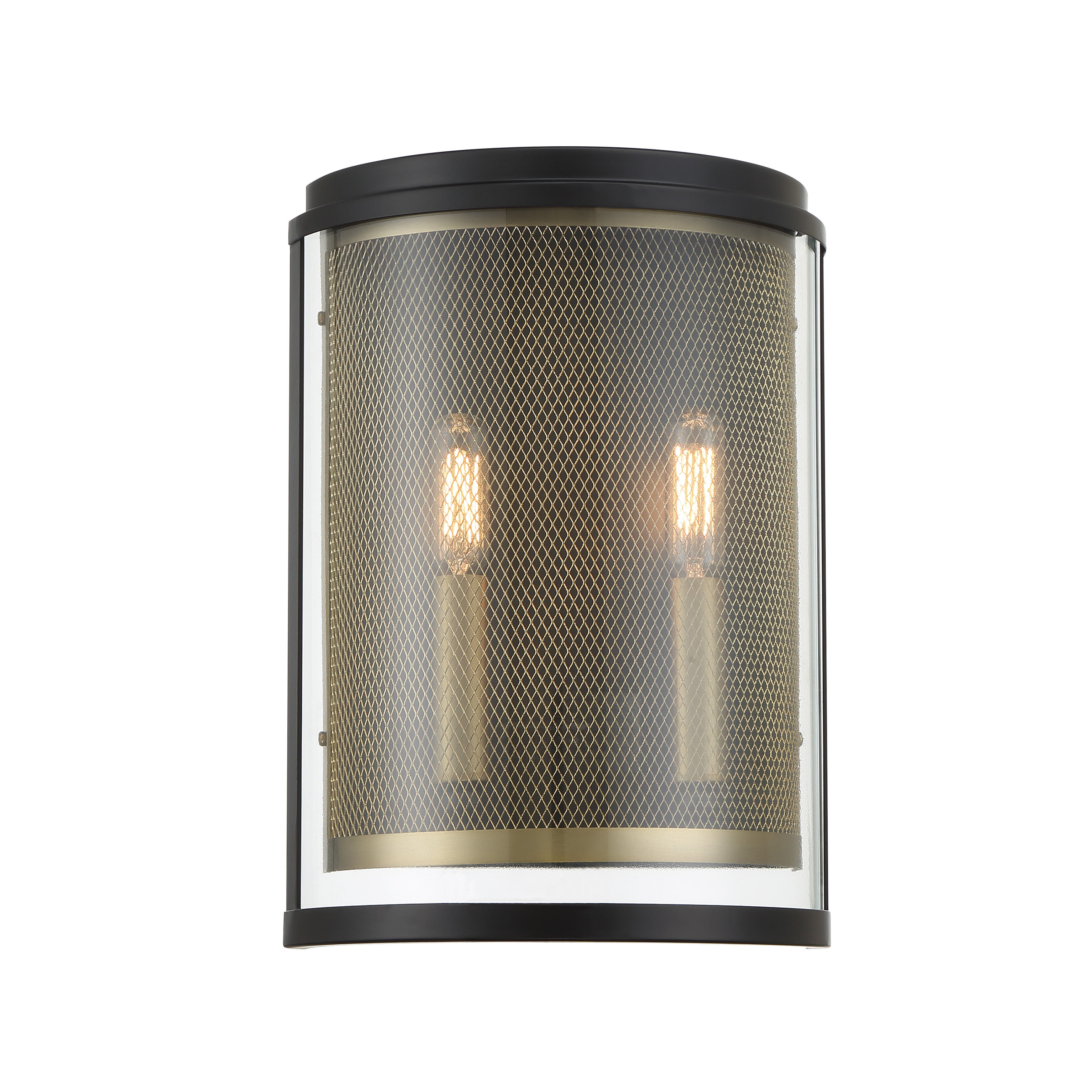 Robin Baron's SoHo wall sconce blends industrial charm with refined elegance. The coal and soft brass finish paired with wire mesh creates visual interest while clear glass ensures optimal light output. - alternate view
