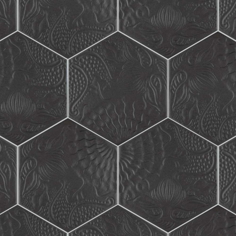 Gaudi Hex Black 8.63x9.88 Hexagon Porcelain Floor and Wall Digital Pattern