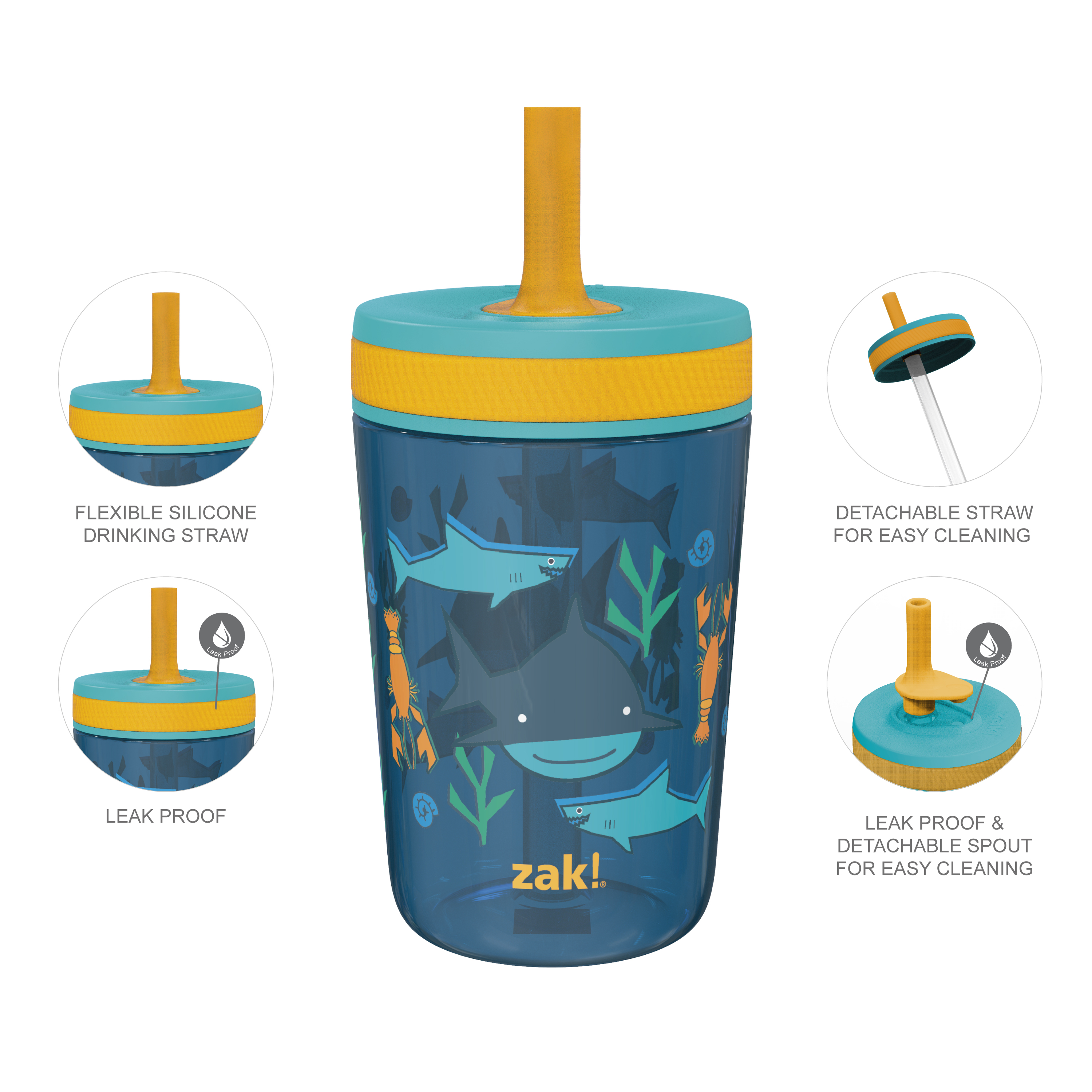 Zak Hydration 15  ounce Plastic Tumbler with Lid and Straw, Sea Creatures, 2-piece set slideshow image 3