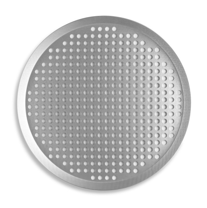 13-inch extra-perforated press-cut pizza pan with Clear Coat anodized finish