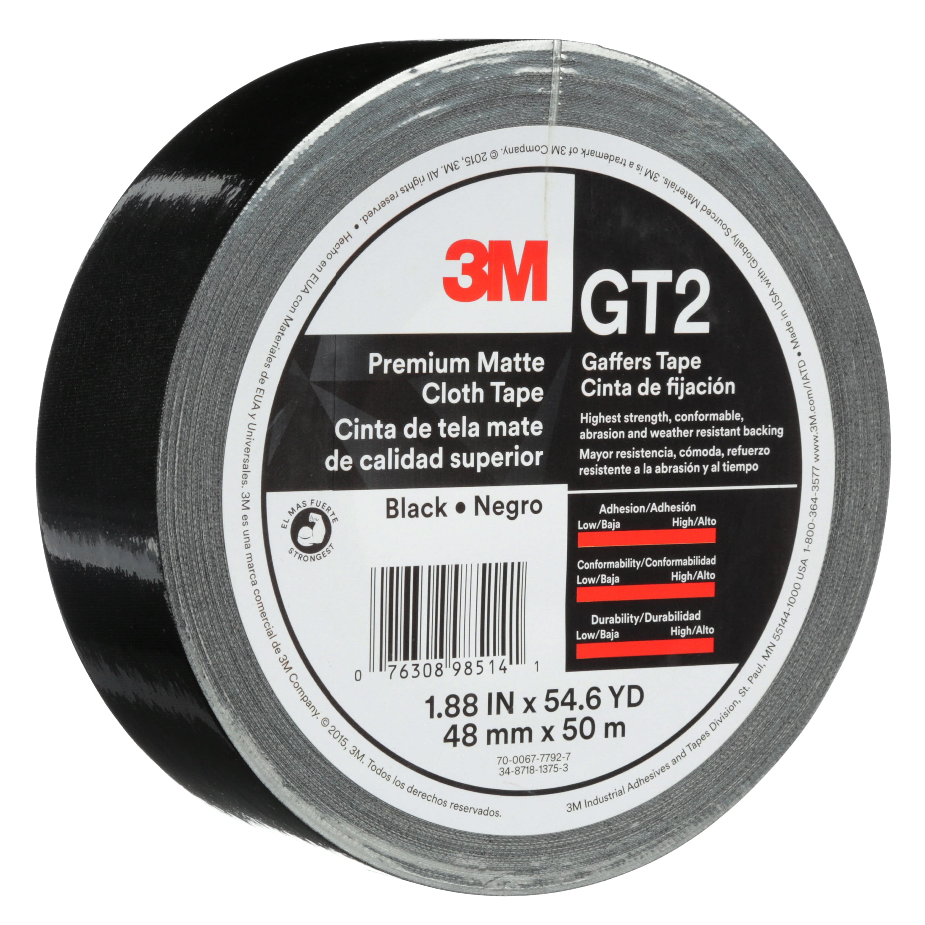 3M™ Premium Matte Cloth (Gaffers) Tape GT2, Black, 48 mm x 50 m, 11 mil,
24 per case