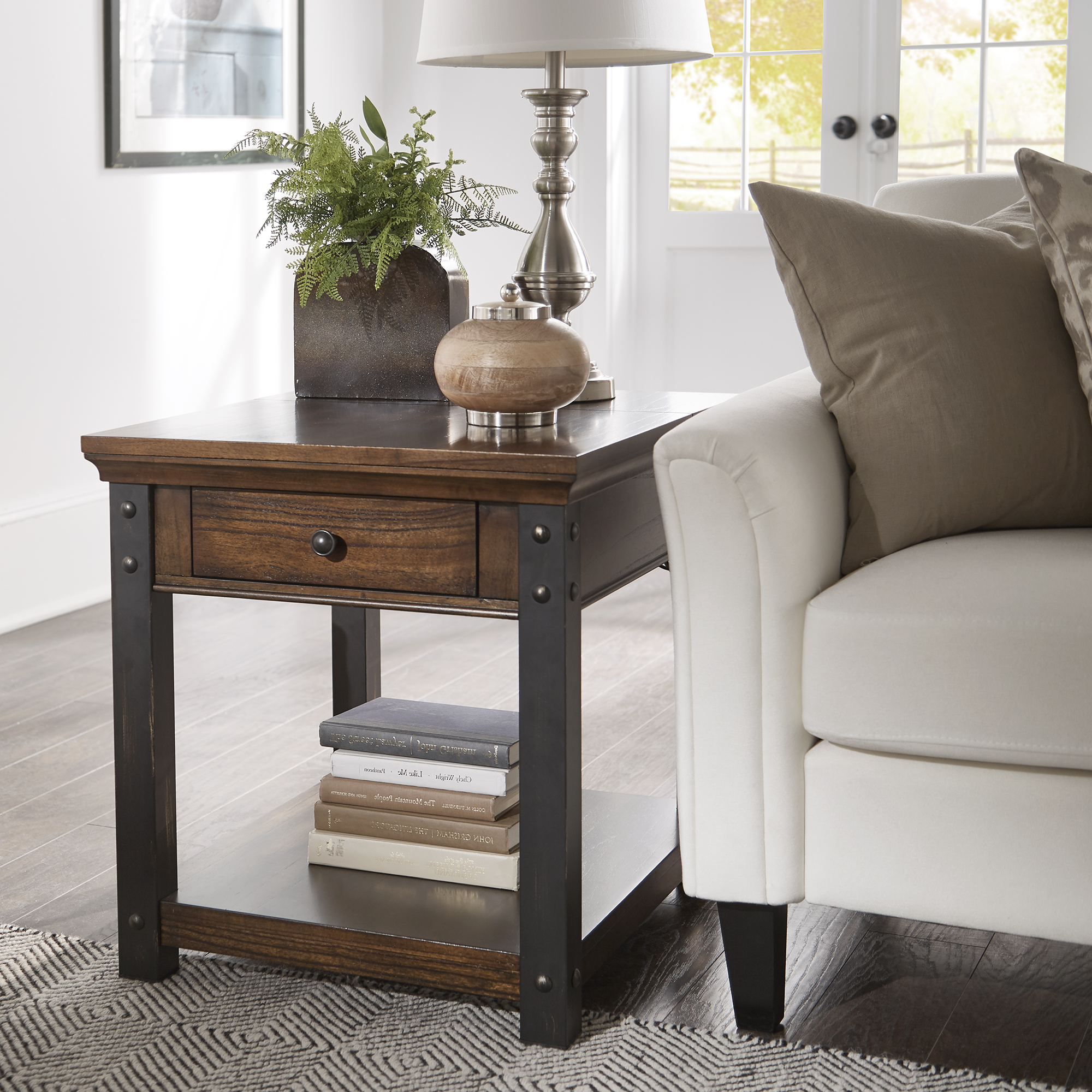 Wood Finish End Table with Built-In Outlets