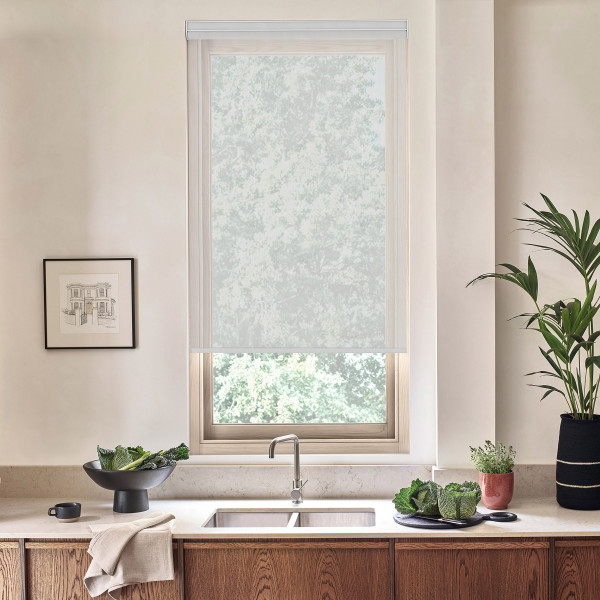 Sheer roller shade filters daylight over a kitchen window above a stainless faucet; countertop holds a bowl of greens, cutting board with cabbage, potted plants and framed sketch on wall.