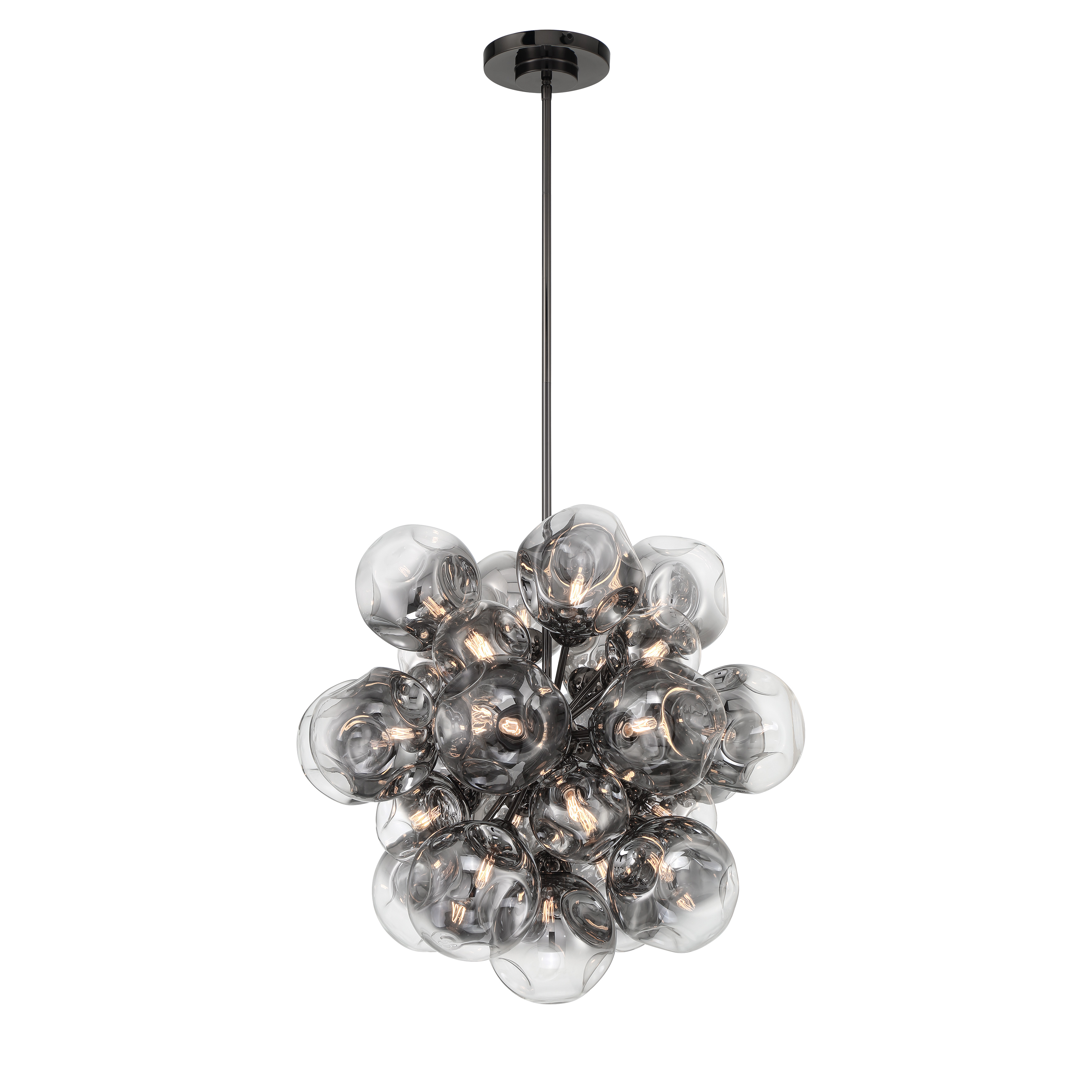 The Neveh pendant makes a bold architectural statement with 25 candelabra bulbs arranged in a striking geometric composition. Gun metal finish and smoke grey glass create sophisticated contrast perfect for contemporary spaces. - alternate view