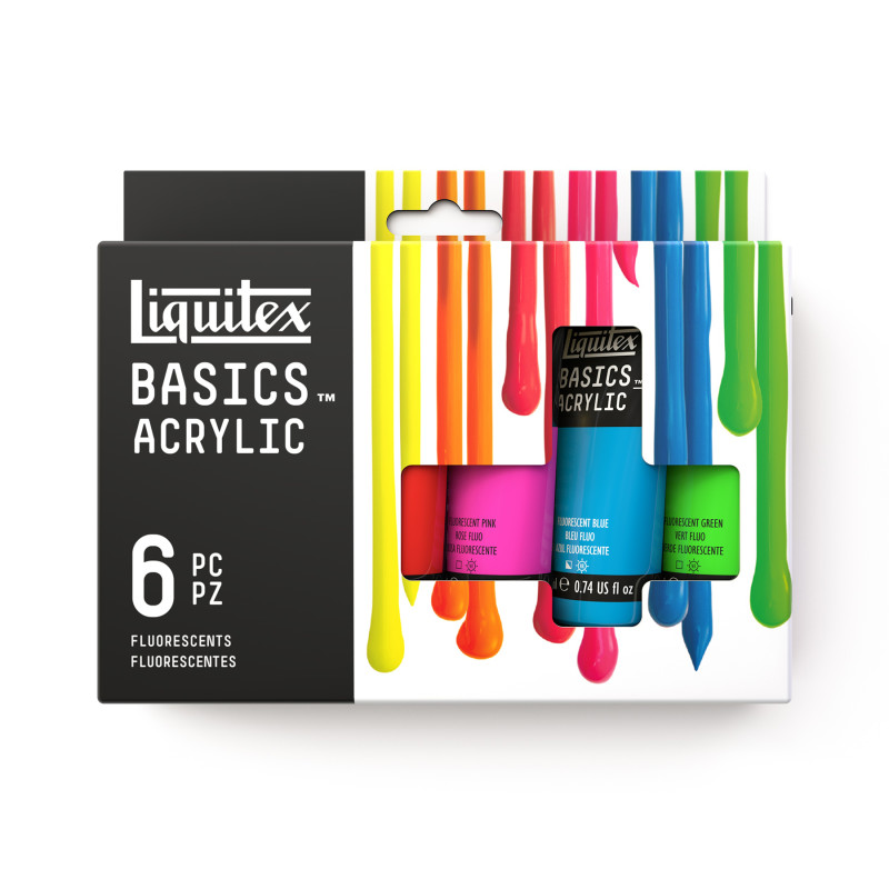 BASICS Acrylic Paint, Fluorescent Colors, 22 mL Tubes, Set of 6