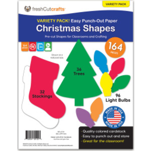 Punch Out Paper Cutouts, Christmas Shapes, Trees, Stockings & Light Bulb, 164 Pieces