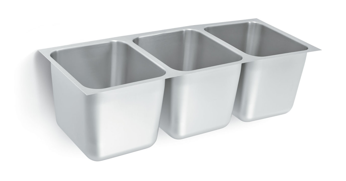 12-inch triple-bowl heavy-weight stainless steel undermount welded-in sink with 12-inch-deep bowls and 3 ½-inch drains