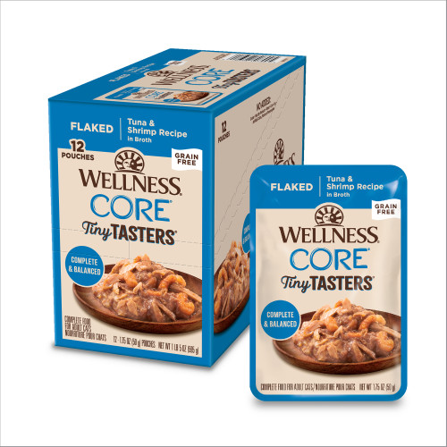 Wellness CORE Tiny Tasters Flaked Tuna & Shrimp Front packaging