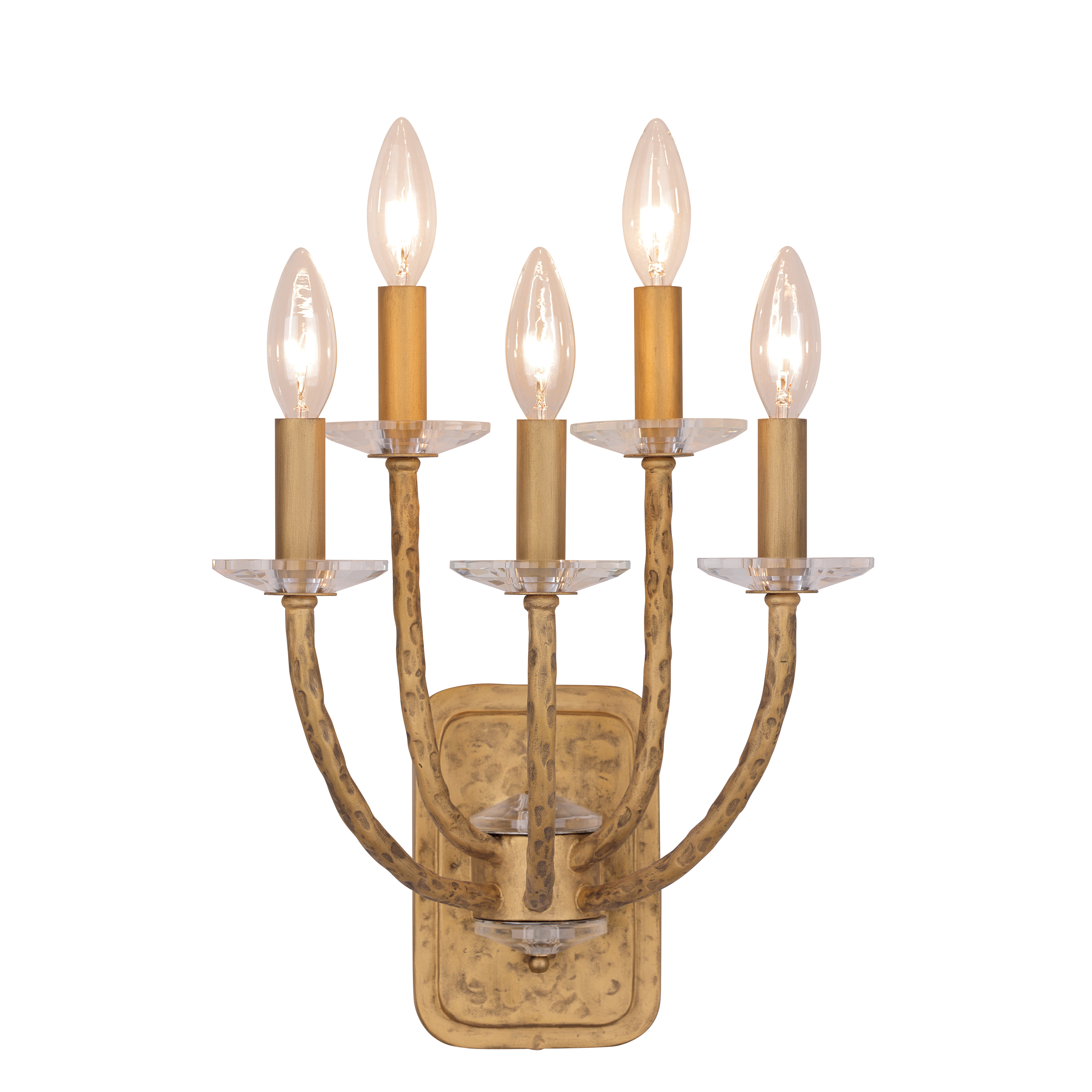 The Atella 5-Light Wall Sconce combines traditional elegance with artisanal craftsmanship. Featuring hammered arms and backplate in Ashen Gold finish with clear faceted crystal bobeches, it delivers sophisticated ambient lighting. - alternate view