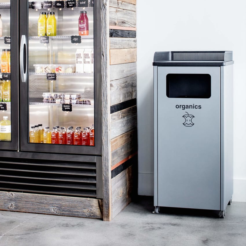 single organics collection bin made from durable steel with powder coated finish in a food store
