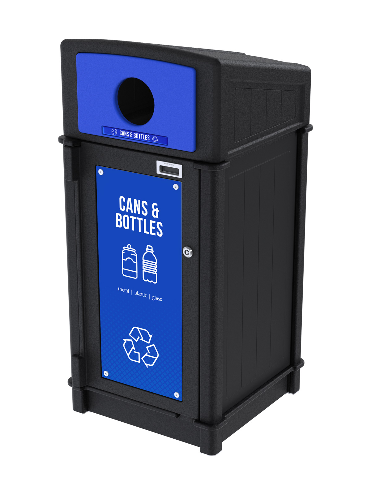 black recycled plastic recycling container with sloped canopy lid for collecting cans and bottles outdoors with stock door sign and label