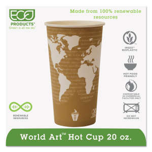 Eco-Products,Inc., World Art™ Renewable and Compostable Hot Cups, 20 oz, Light Brown