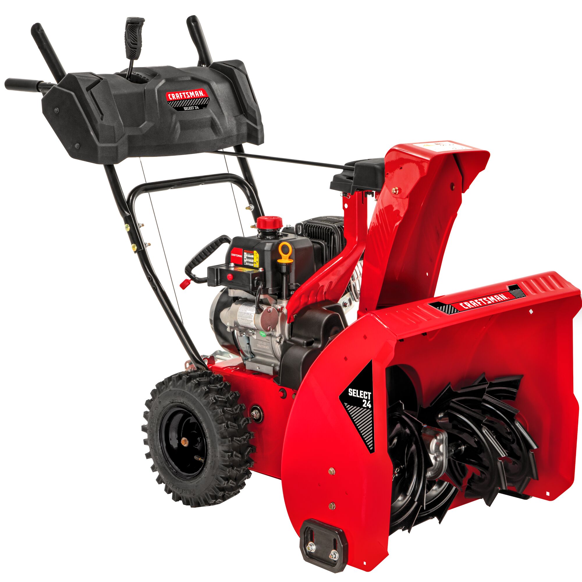 Left profile of 28 inch 357CC two stage self propelled gas snow blower with E F I and E G O V engine.