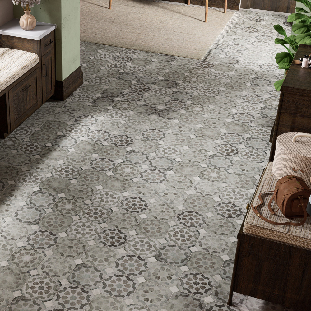 Laverton Octagon Deco Sombra with Taco Gris 7-7/8 in. x 7-7/8 in. Porcelain Floor and Wall Tile