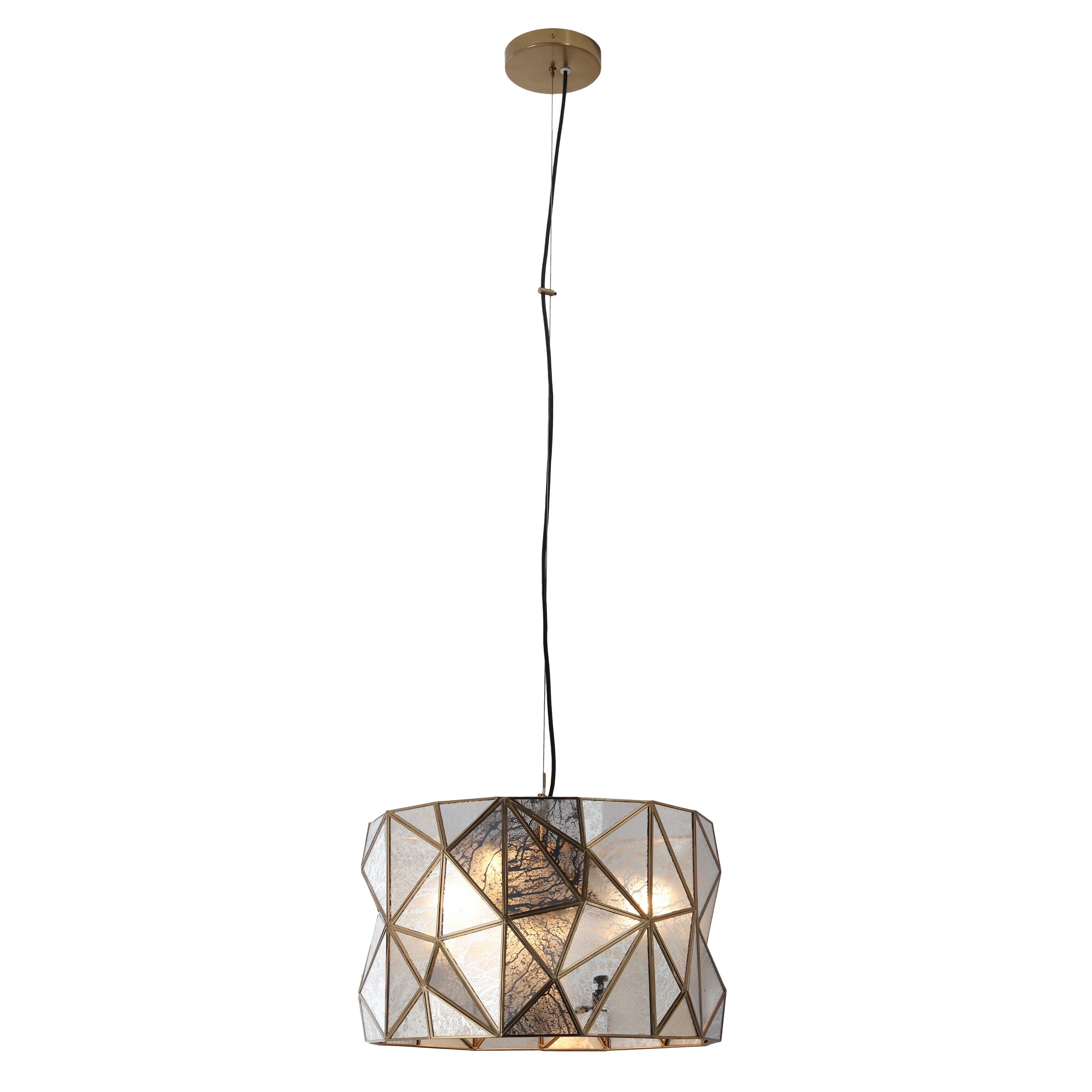 The Geo-Gem pendant combines contemporary geometric design with artisan craftsmanship. Its antique mercury glass panels create beautiful light reflections while the artisan brass finish adds warmth and sophistication to any space. - alternate view
