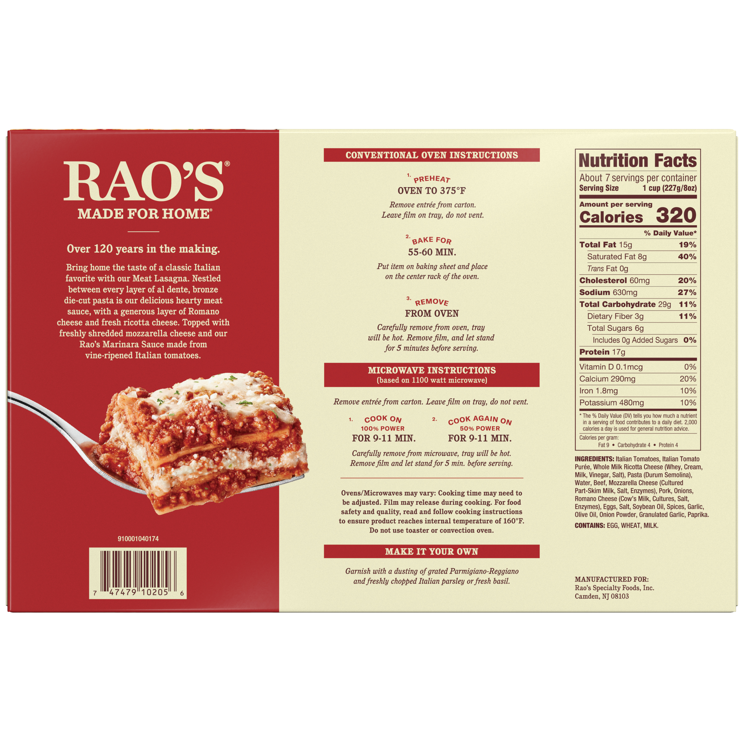Meat Lasagna Frozen Meal, 54 oz - Back Image