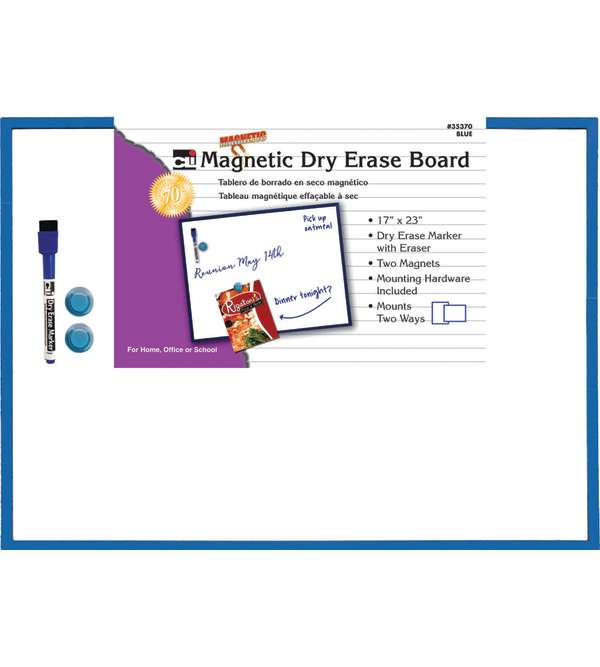 Dry Erase Boards, Magnetic, 17" x 23", w/Eraser/Marker and 2 Magnets, Blue Frame, 1 Each