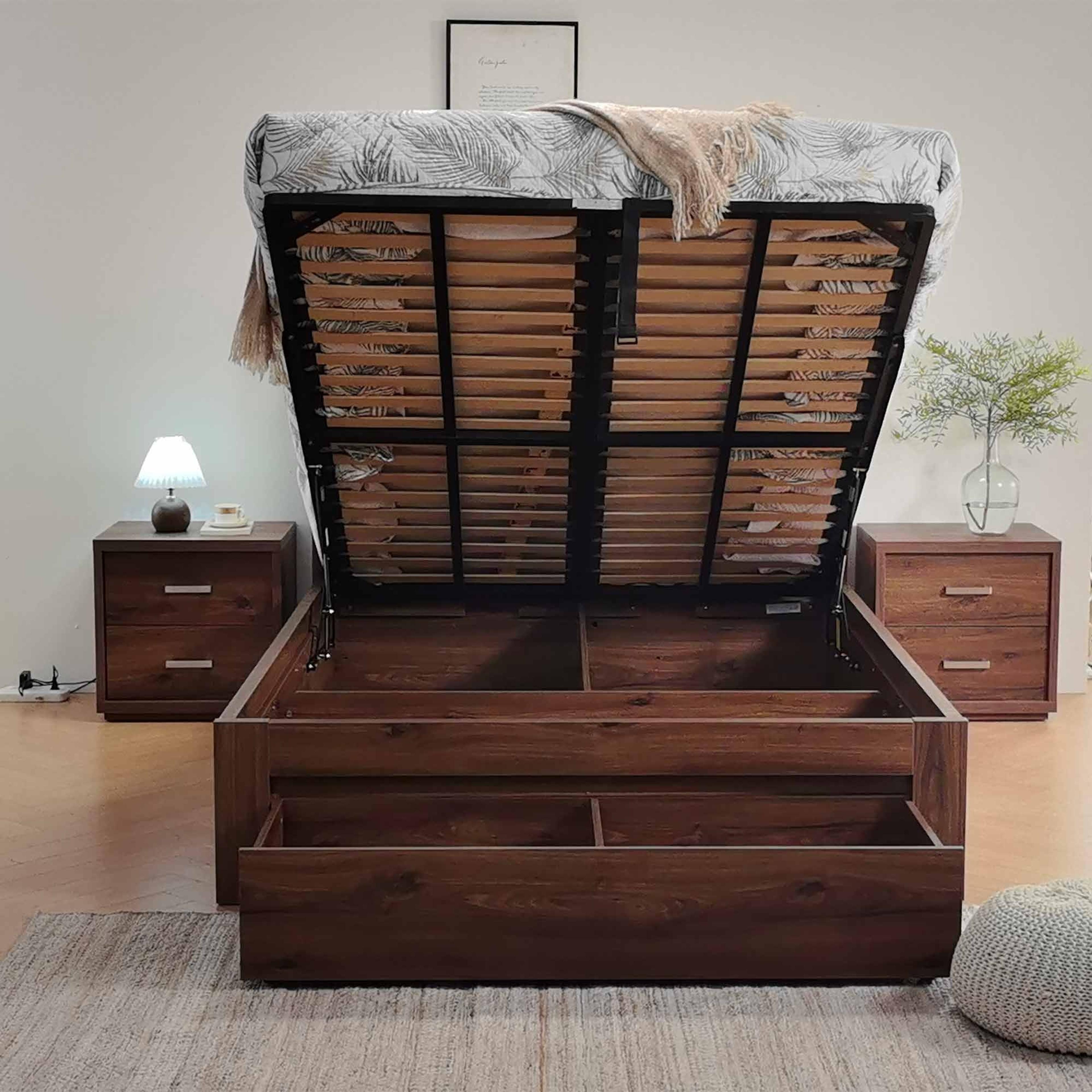 Lifestyle image of the  Bellevue Bed Frame, Front Slat Gas Lift & End Drawer Base, Rustic Walnut from Forty Winks