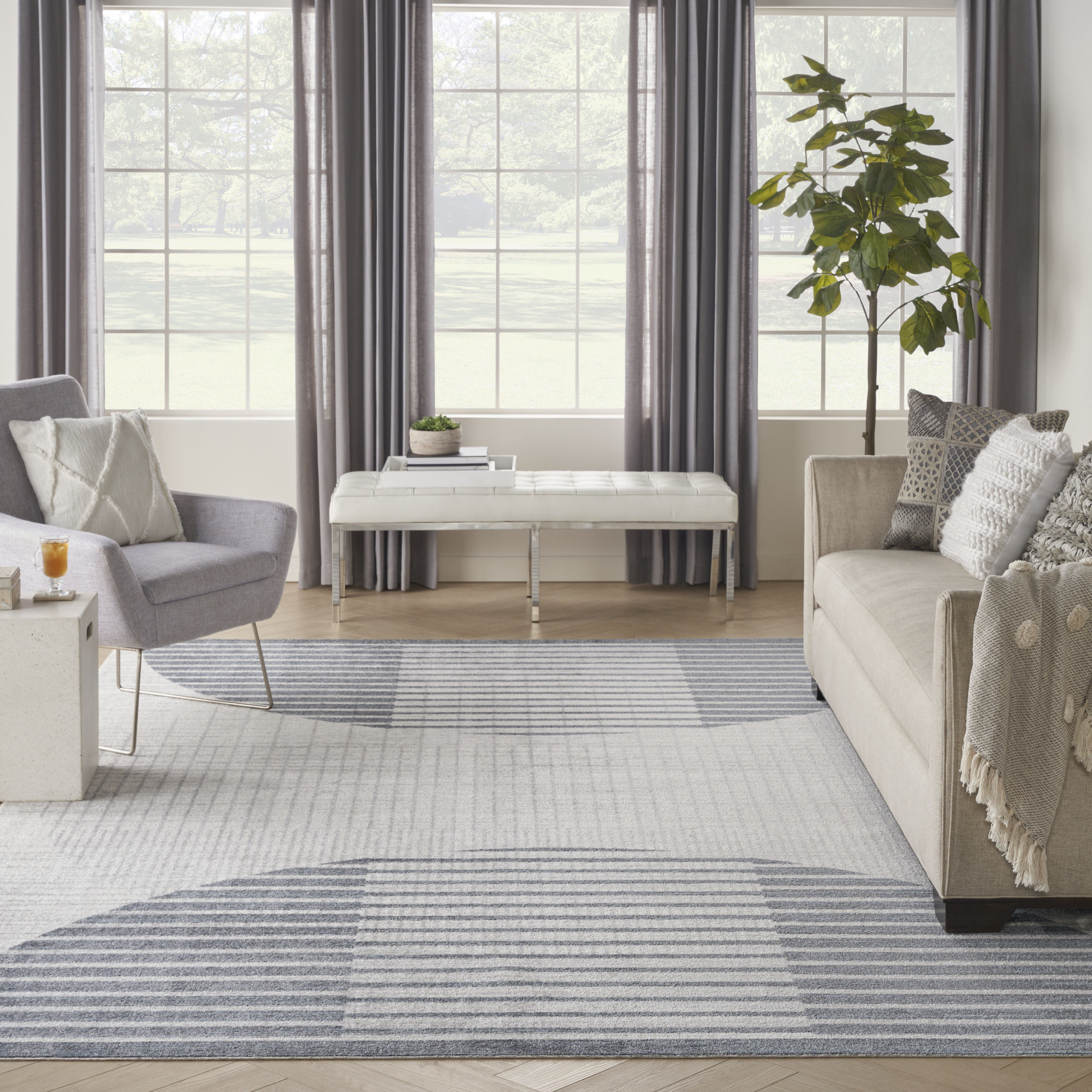 Nourison Astra Machine Washable 7'10" x 10' Ivory Blue Mid-Century Modern Indoor Rug