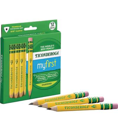 Ticonderoga® My First® Wooden Pencils, Large Triangle Barrel Sharpened Short, No. 2 HB Soft With Eraser, Yellow, Pack of 12