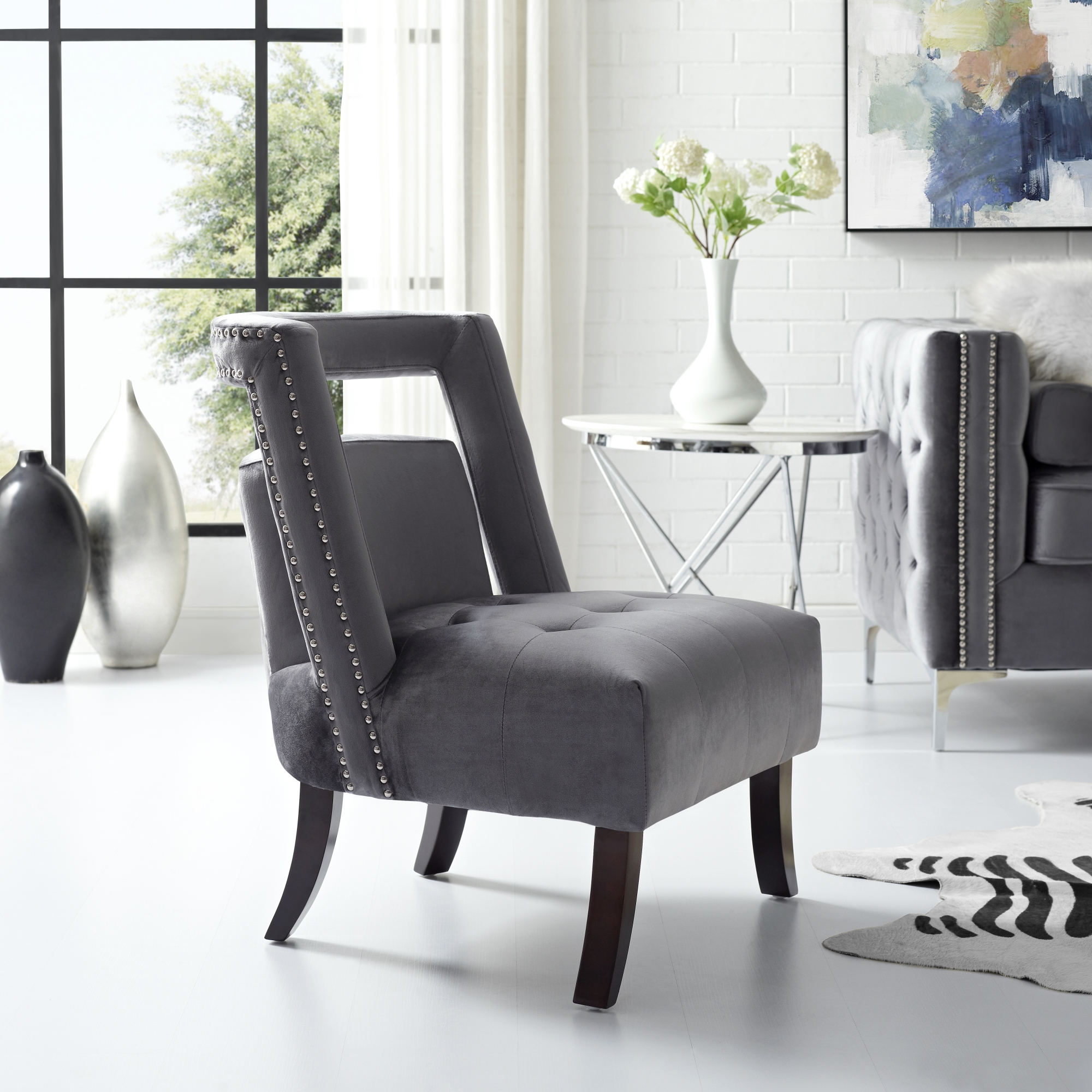 Inspired Home Grey Velvet Accent Chair Open Back Nailhead Trim