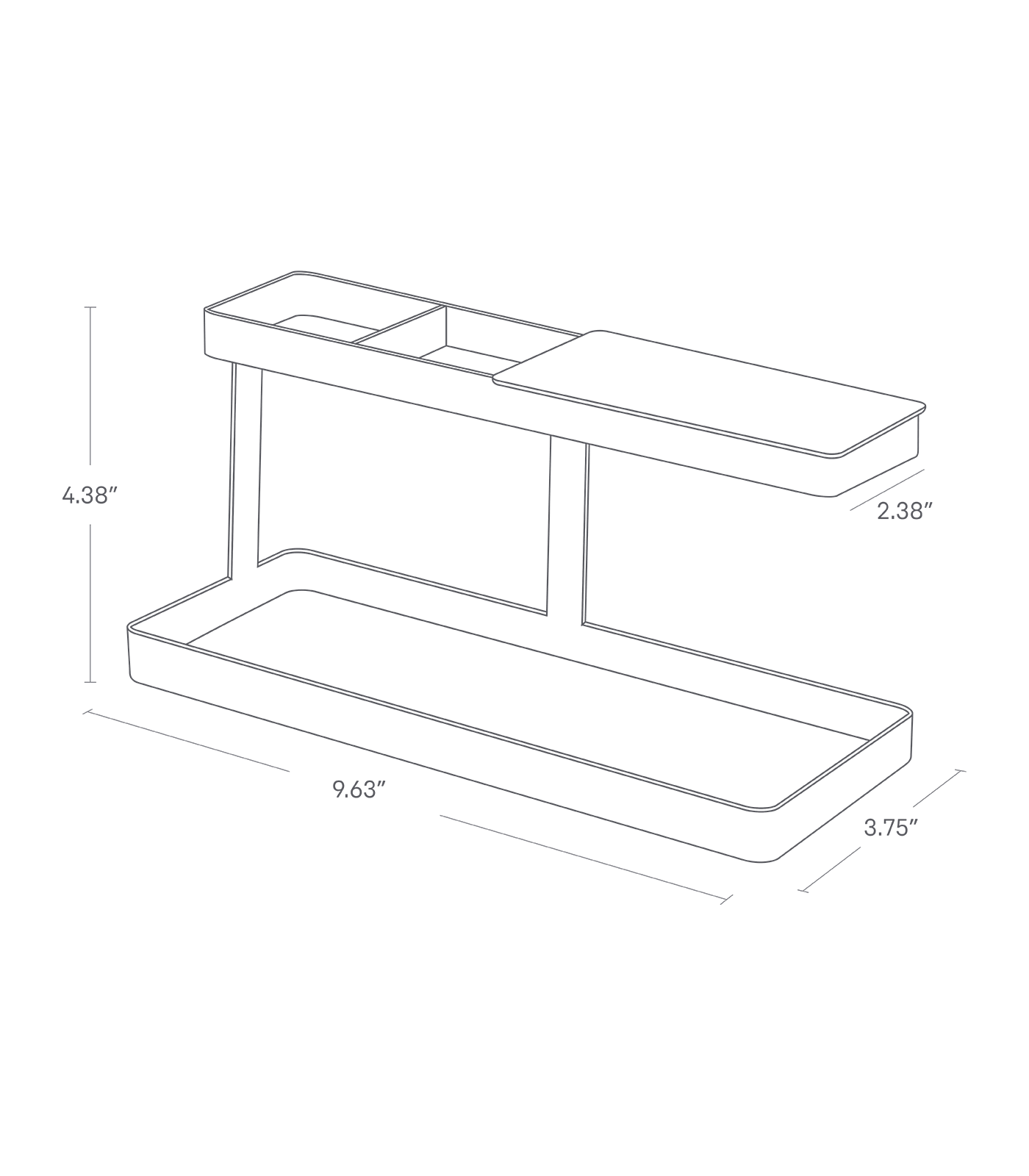 Dimension image for Desk Organizer showing a length of 9.63 inches, width of 3.75 inches and height of 4.38 inches. Top rung width of 2.38 inches.