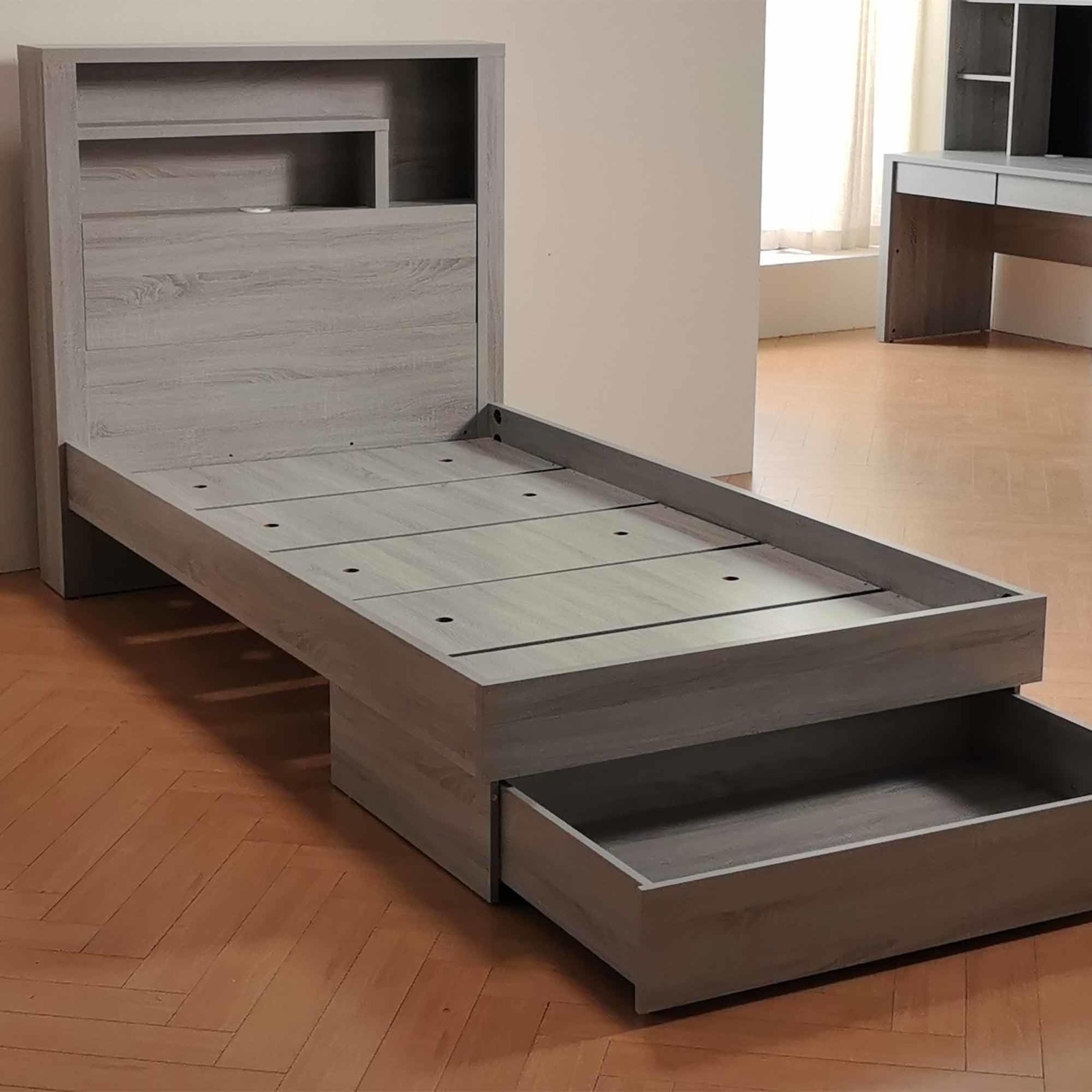 Lifestyle image of the  Bellevue Bed Frame, Drawer Base, Cement Grey from Forty Winks