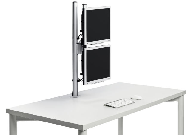 LiftTEC® I Dual lifts 2 monitors off the desk surface for comfortable side-by-side viewing