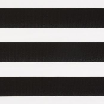 Horizontal black-and-white striped roller blind with wide alternating opaque and translucent fabric bands, closed and aligned, filling the frame; close-up, evenly lit, minimal background, no visible window or room.