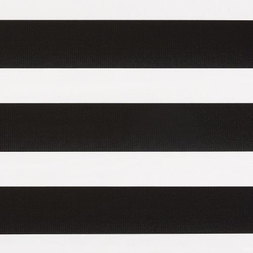 Horizontal black-and-white striped roller blind with wide alternating opaque and translucent fabric bands, closed and aligned, filling the frame; close-up, evenly lit, minimal background, no visible window or room.