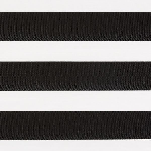 Horizontal black-and-white striped roller blind with wide alternating opaque and translucent fabric bands, closed and aligned, filling the frame; close-up, evenly lit, minimal background, no visible window or room.
