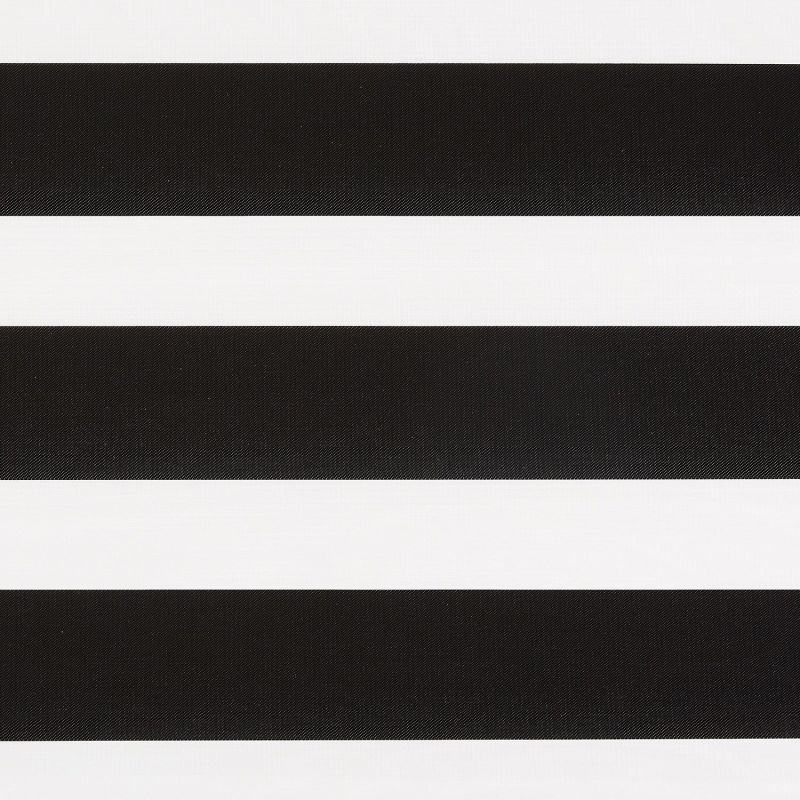 Horizontal black-and-white striped roller blind with wide alternating opaque and translucent fabric bands, closed and aligned, filling the frame; close-up, evenly lit, minimal background, no visible window or room.