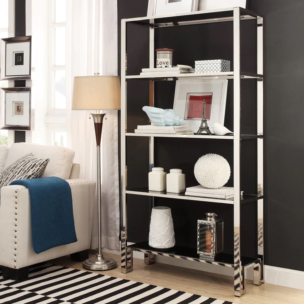 Black and Chrome Metal 4-Shelf Bookcase