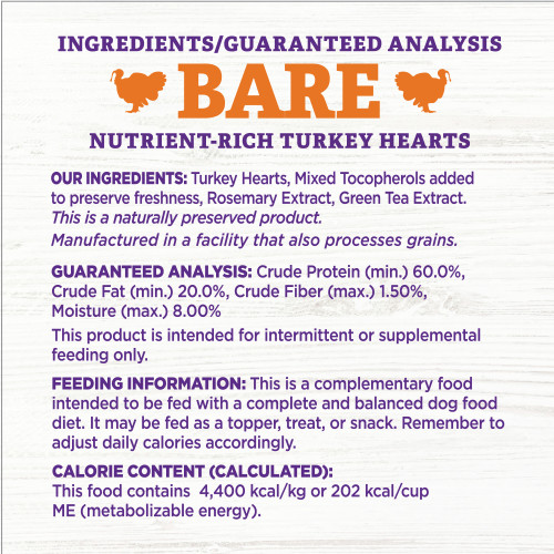 <p>Turkey Hearts, Mixed Tocopherols added to preserve freshness, Rosemary Extract, Green Tea Extract.</p>
