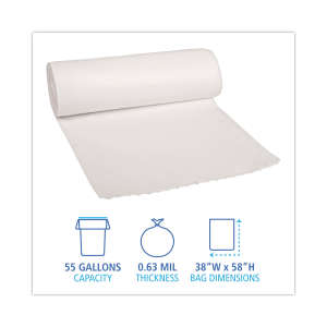 Boardwalk,  LLDPE Liner, 55 gal Capacity, 38 in Wide, 58 in High, 0.63 Mils Thick, White