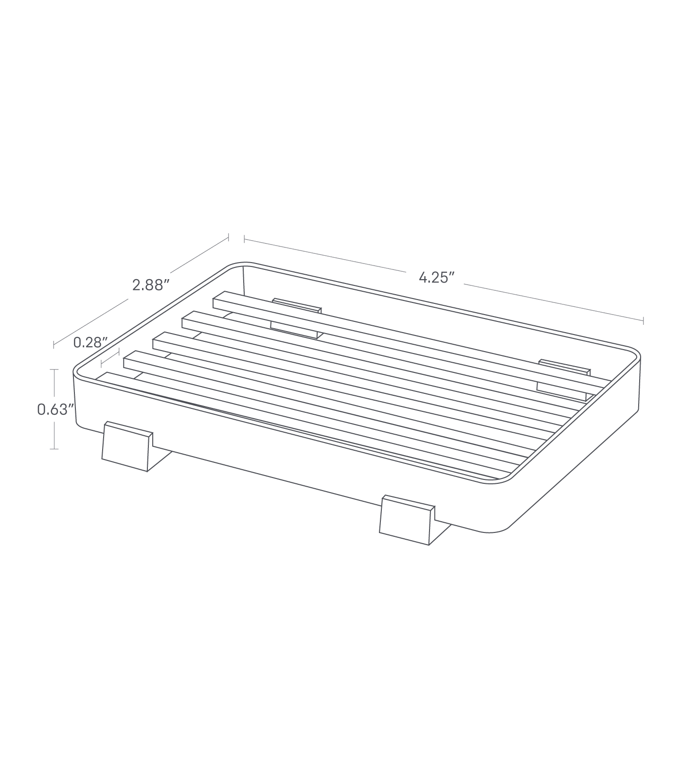 Dimension image for Slotted Soap Tray showing height of 0.63", length of 2.88", width of 4.25" and 0.28" between the spot.
