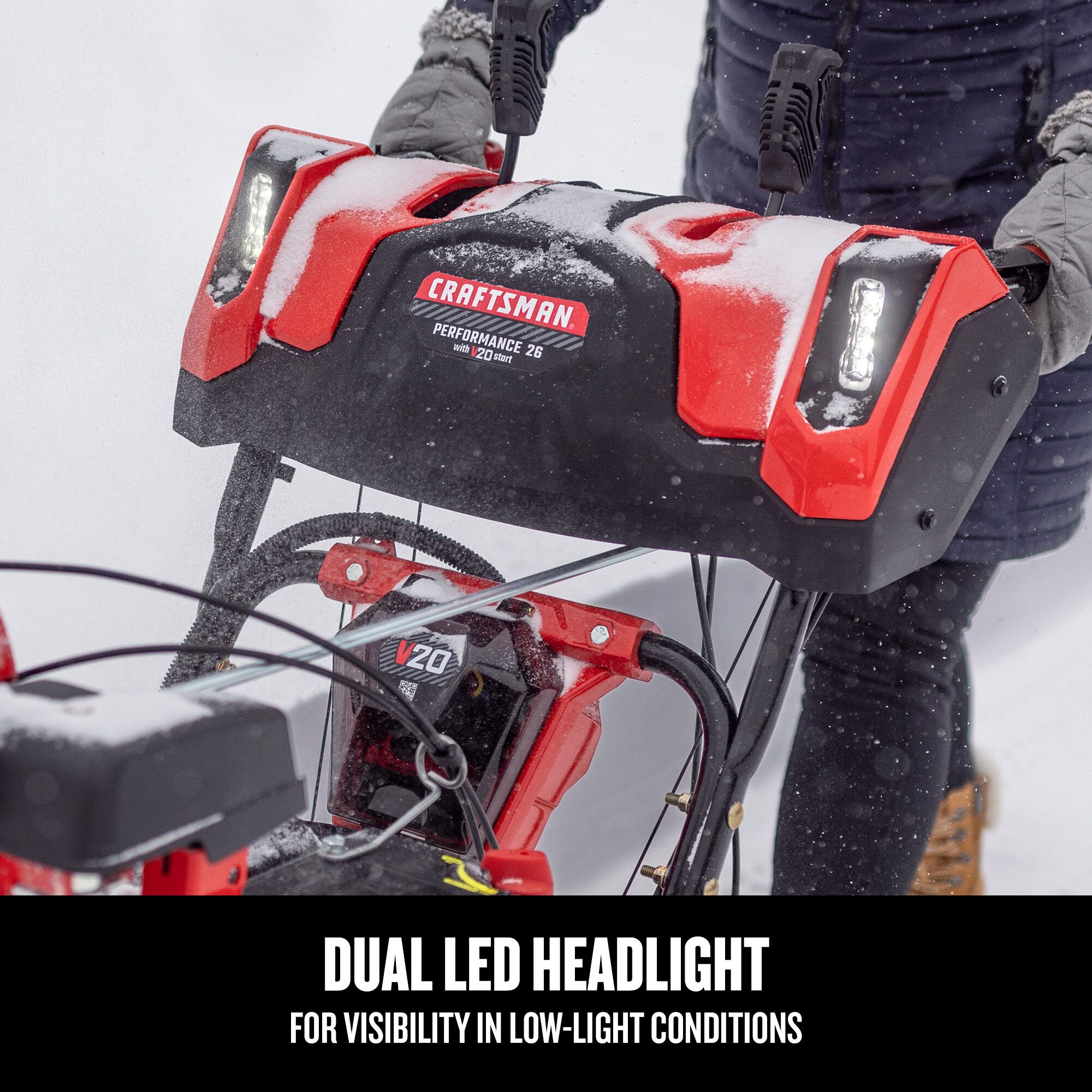 CRAFTSMAN V20* Start 26-in. 243-cc Two Stage Gas Snow Blower focused in on dual led headlight