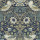 Stylized birds perched on curling vines, facing inward among large sunflowers and strawberries; ornate floral foliage repeats symmetrically across a muted navy, green and beige decorative wallpaper pattern.