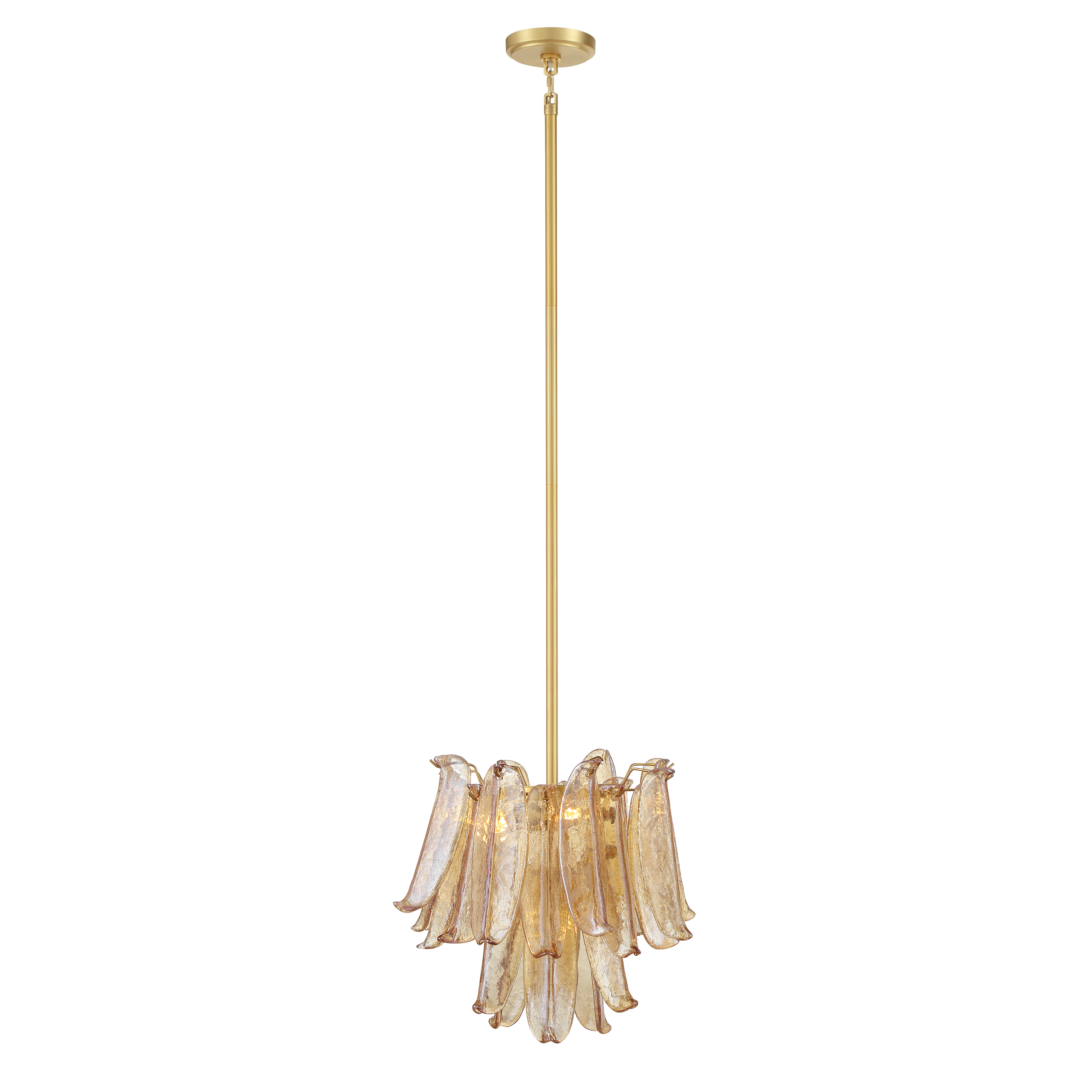 The Regent 4-Light Chandelier combines classic brass warmth with contemporary crackled amber glass for a sophisticated transitional look. At 17.75" wide, it's perfectly scaled for intimate dining spaces and smaller rooms. - alternate view
