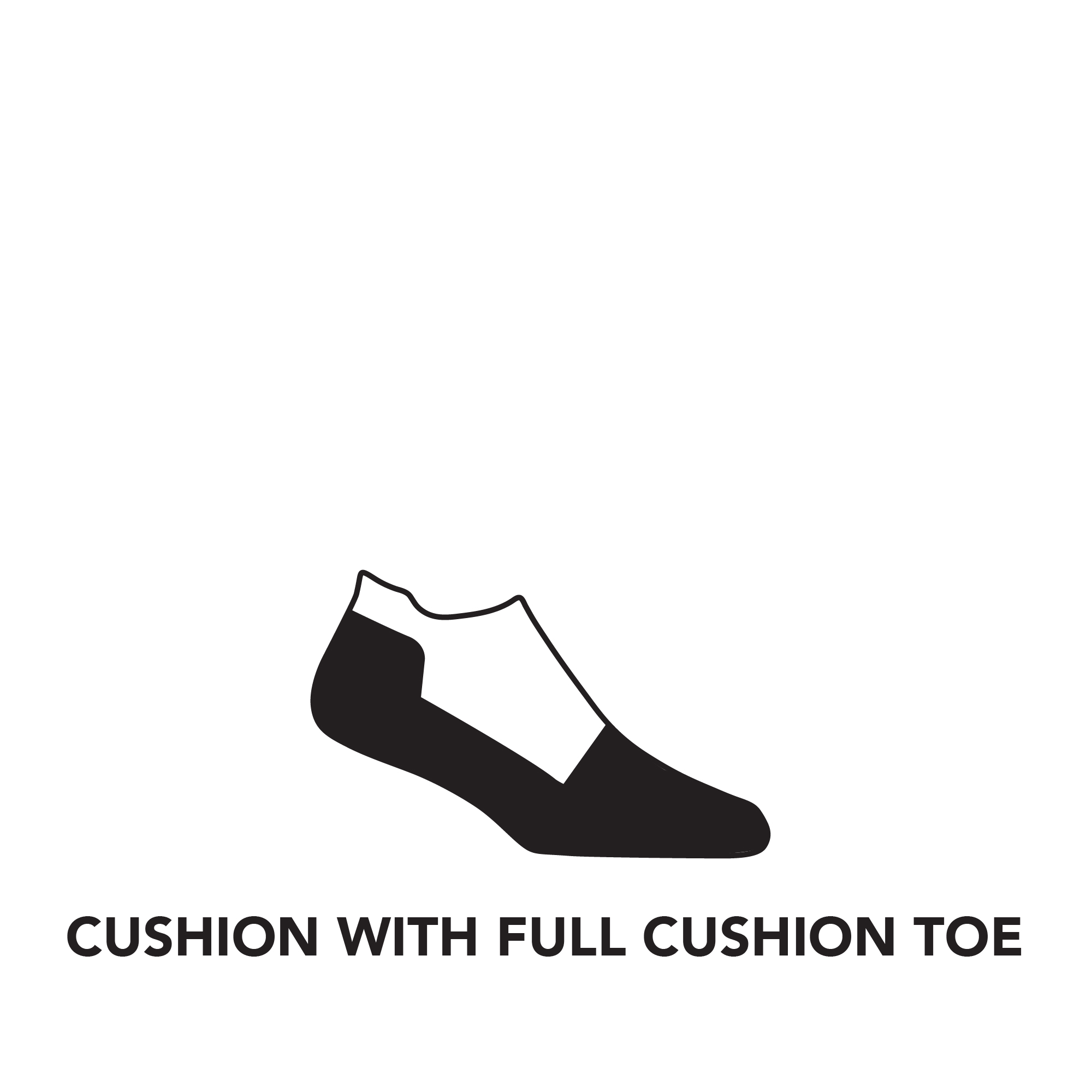 Cushion outline of no show extended toe, underfoot and covering the heal