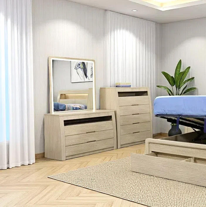 Lifestyle image of the  Skyline Tallboy (5 Drawer), Sand from Forty Winks