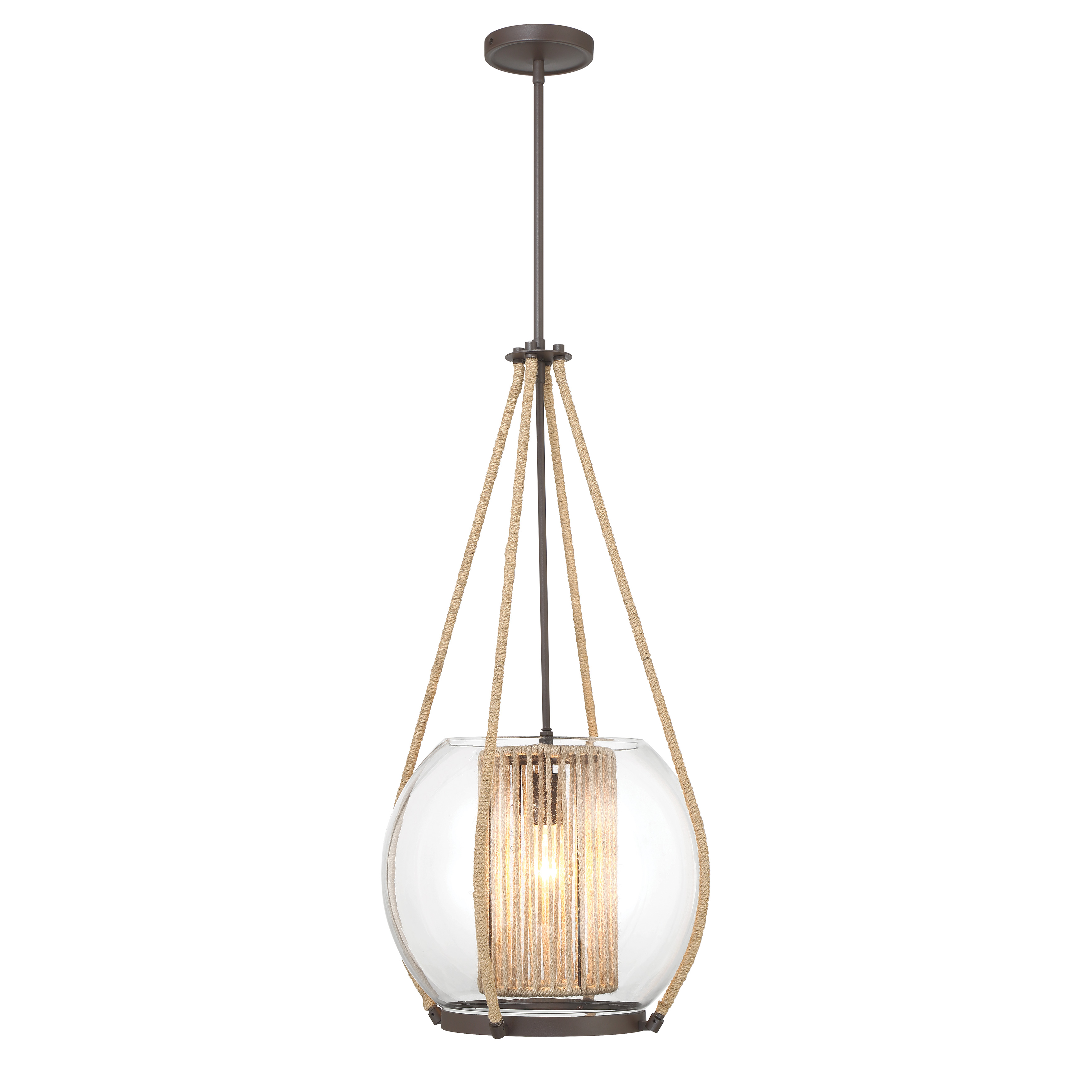 The Stutterhein pendant combines modern industrial design with warm artisanal touches. Its 16-inch clear glass shade and sand bronze finish create visual interest while the twine accent adds unexpected texture and warmth. - alternate view