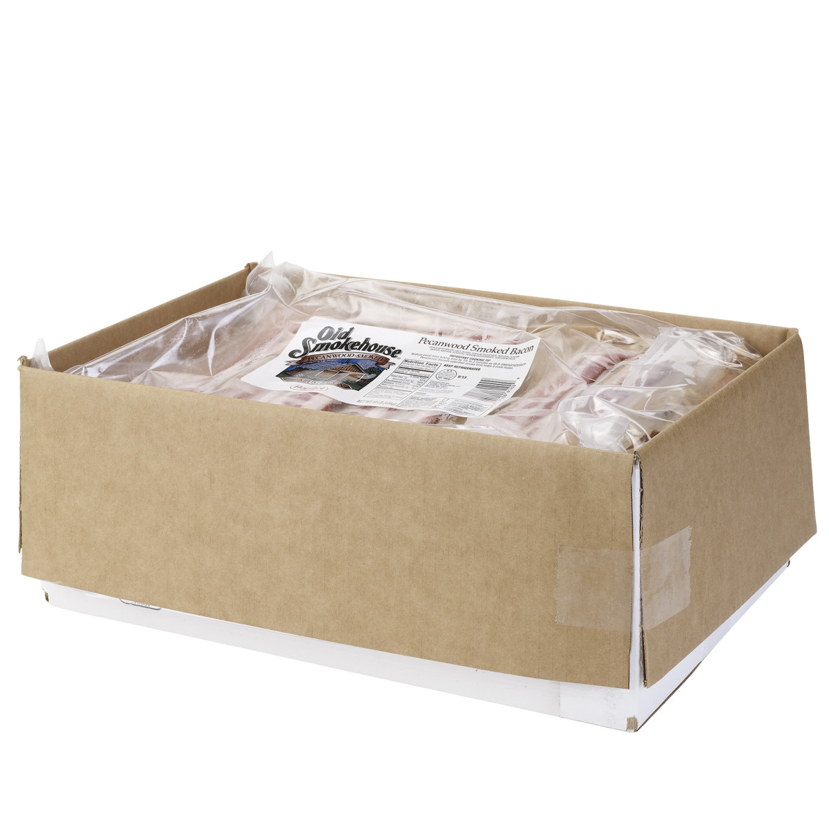 OLD SMOKEHOUSE(r) Bacon, Pecanwood Smoked, 9/13 slice, 2/10lb. . C1RM - Front Right Open Case (Hi Res)