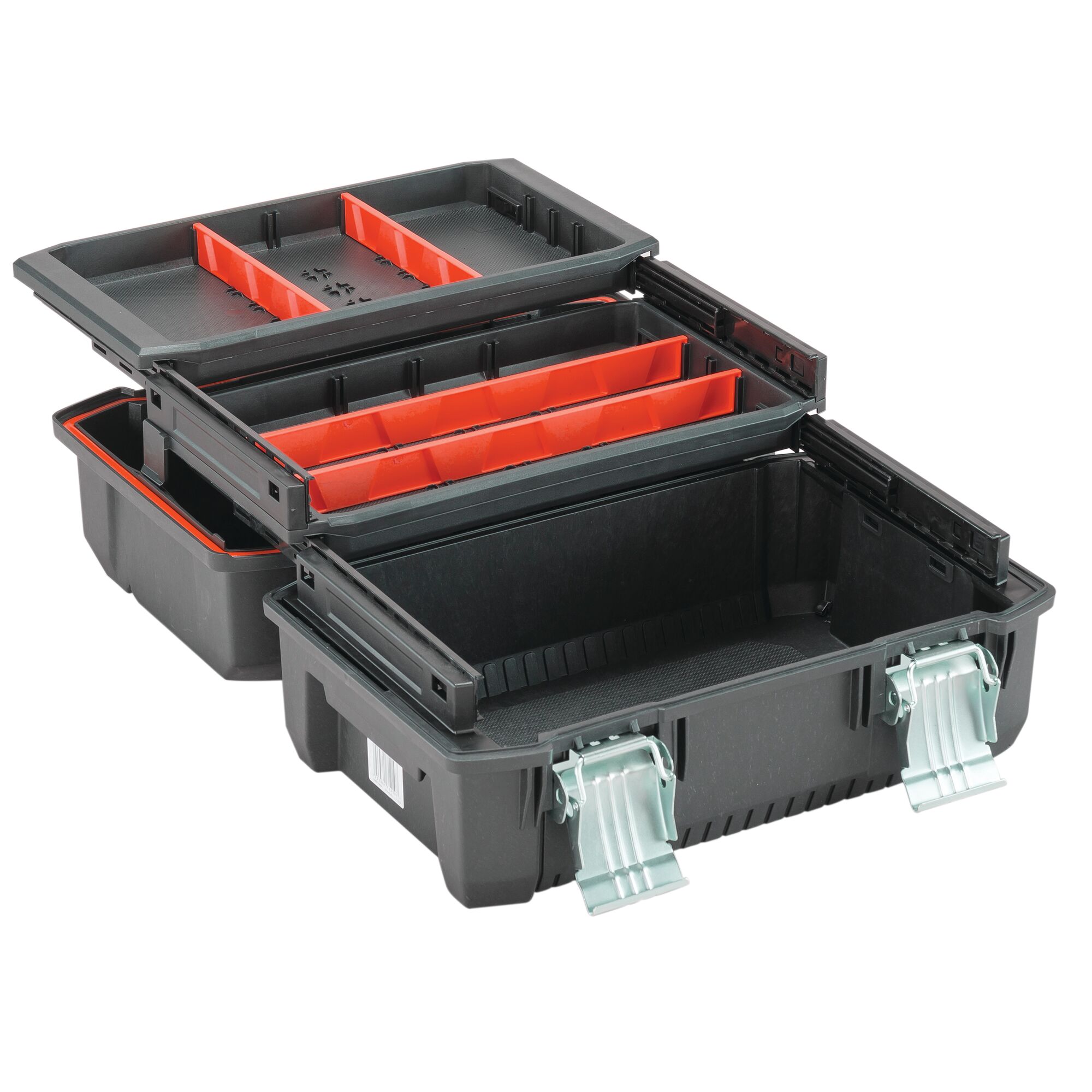 Metal latches feature of 18 inch Cantilever tool box.