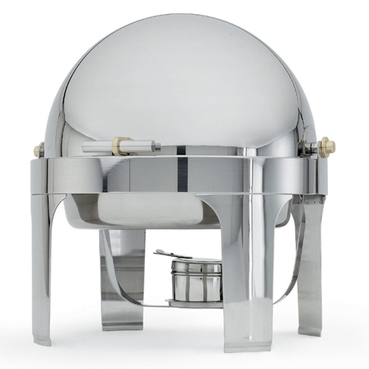6-quart New York, New York® round countertop chafer with a roll-top dome cover, standard water pan and brass trim