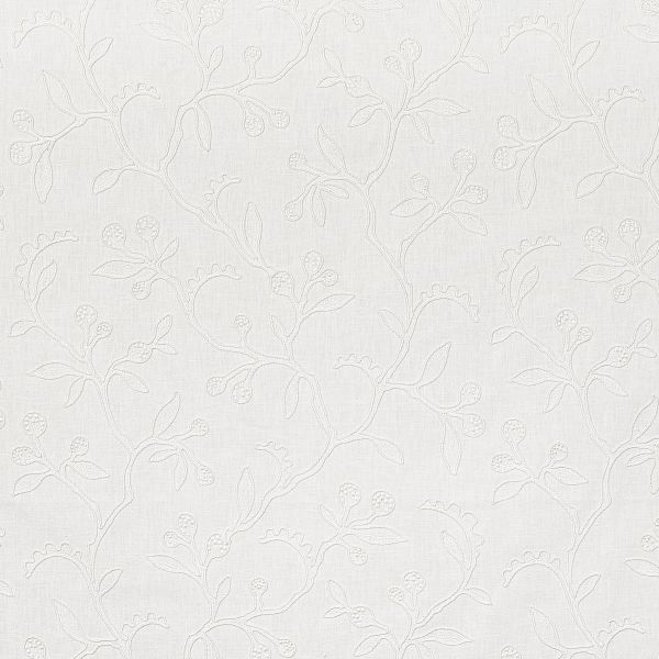Linen-like fabric with embroidered vine-and-berry motif; raised, tonal stitches repeat across the surface, creating subtle relief and pattern, shown close-up as a soft, neutral, well-lit wallpaper-like textile.